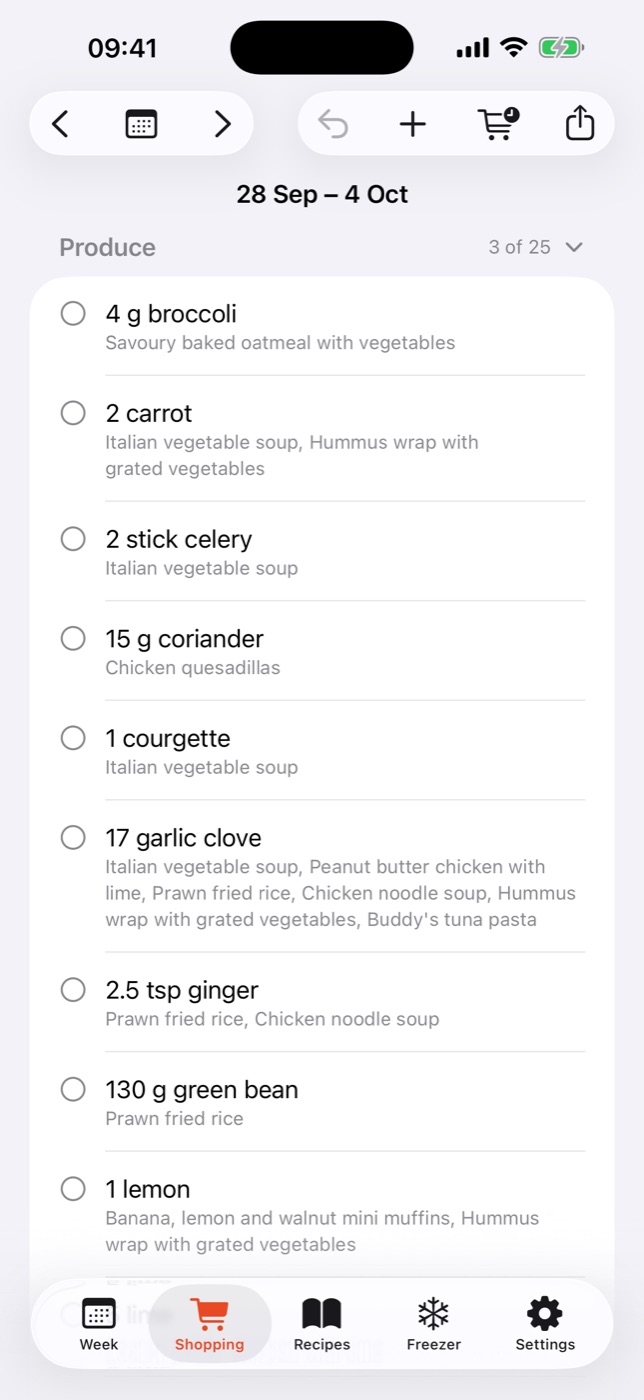 A shopping list that builds itself, split into one or two shops.